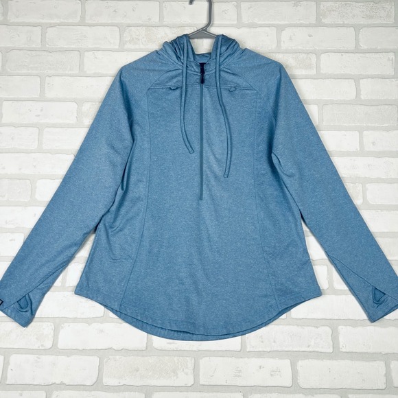 Storm Creek Womens Blue Heathered Quarter Zip Hoodie Thumbhole Active Top Large - Picture 15 of 15